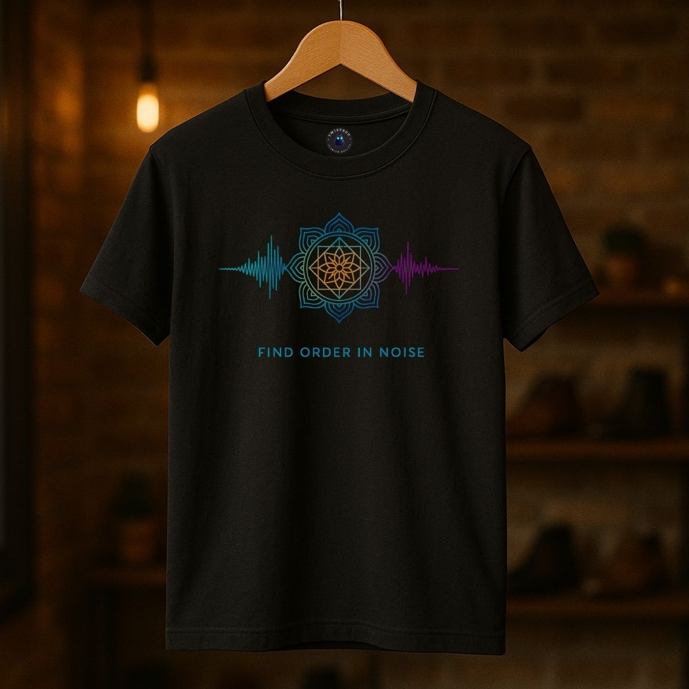 Black Twistbug T-shirt on hanger featuring “Find Order in Noise” geometric mandala soundwave design, boutique setting.
