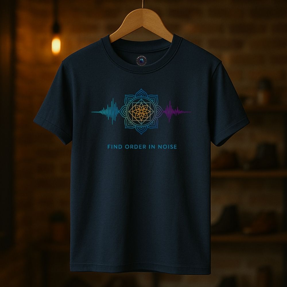 Navy T-shirt on hanger showing “Find Order in Noise” colorful mandala soundwave graphic, warm boutique lighting.