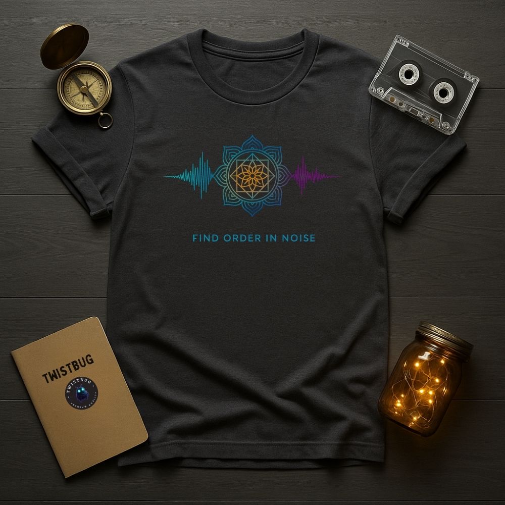 Find Order in Noise tee in charcoal — sacred geometry and waveform fusion graphic, flat lay style