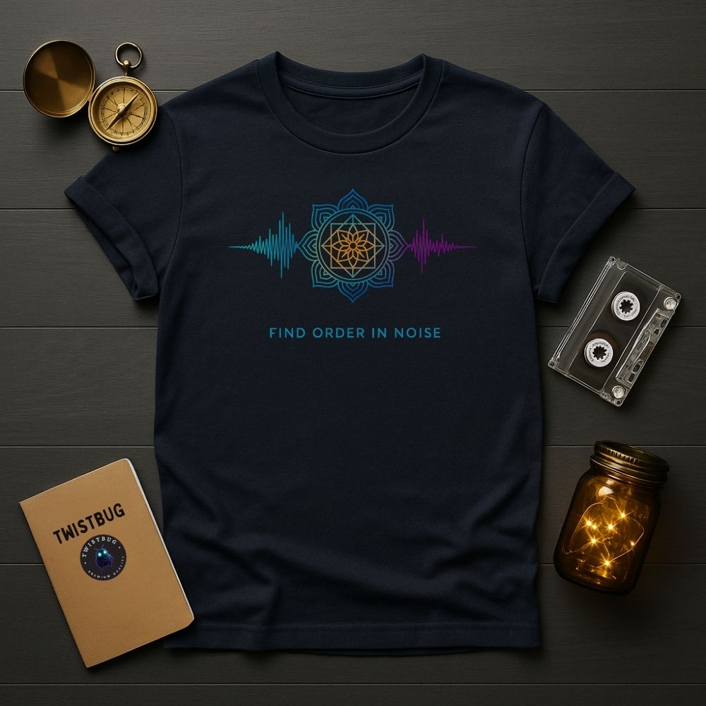 Find Order in Noise shirt in navy — gradient sacred geometry mandala with soundwave pattern