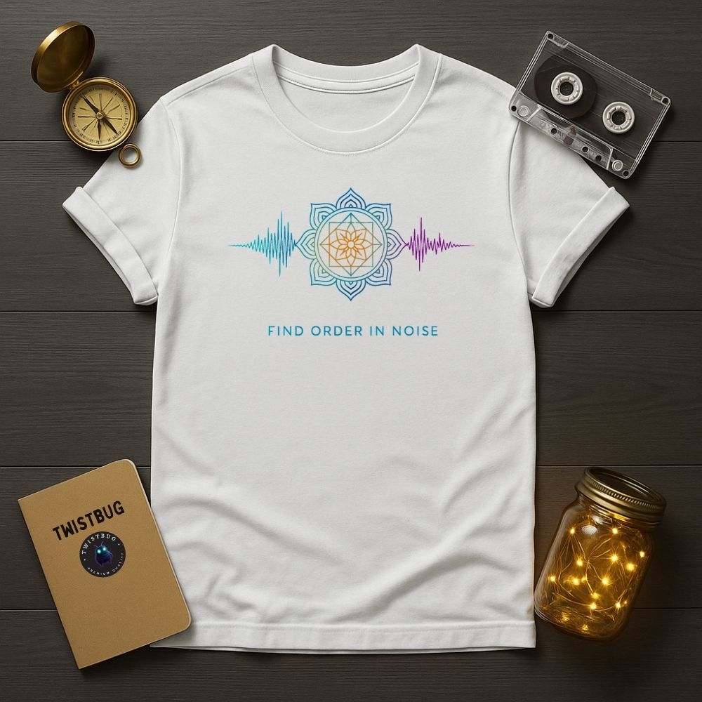 Find Order in Noise T-shirt in white — colorful mandala and soundwave graphic, minimalist flat lay with props