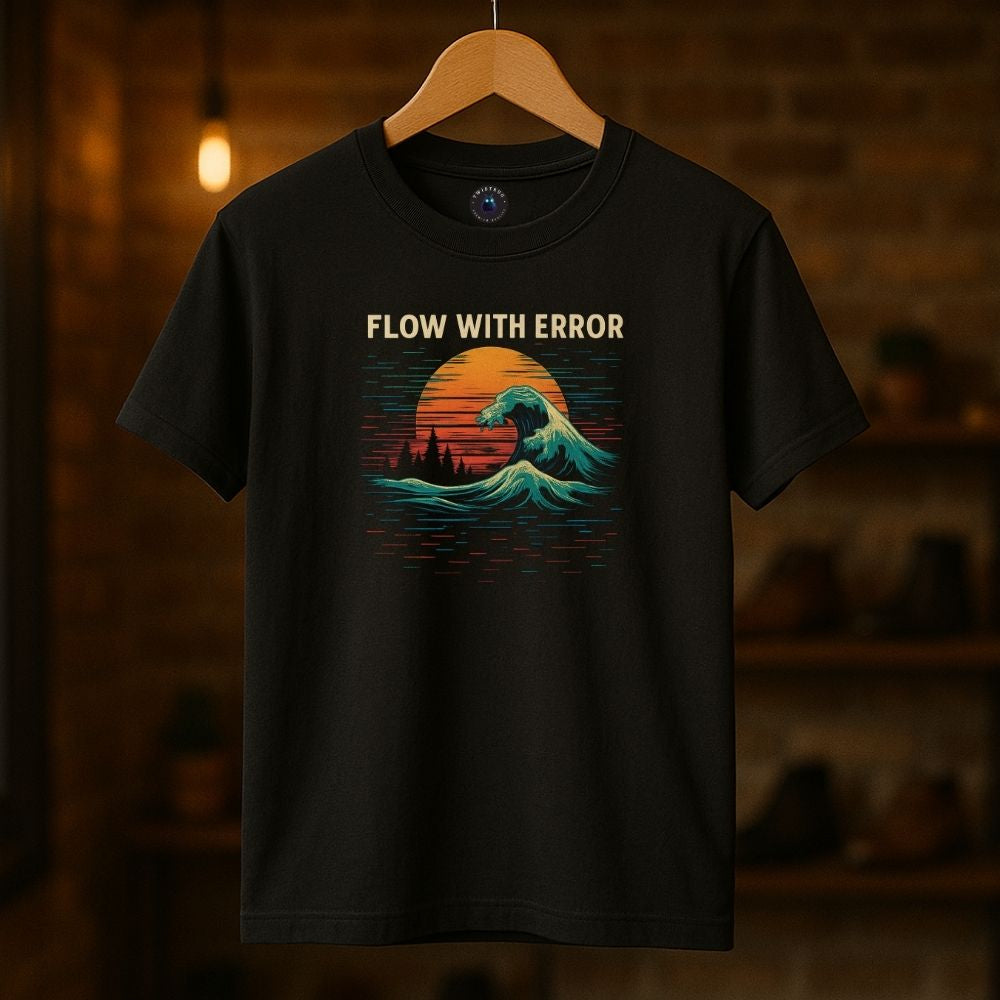 Black “Flow With Error” T-shirt on hanger, showing glitch wave and sun graphic under warm indoor light.