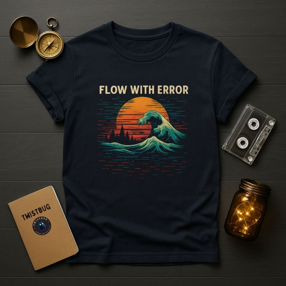 Flat lay of navy “Flow With Error” T-shirt showing glitch wave artwork with compass and jar lights beside it.