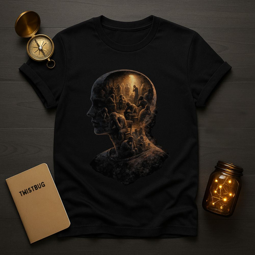 Black graphic T-shirt with surreal human head filled with small figures, symbolizing fragmented thoughts and inner chaos, displayed in a flat-lay scene with vintage props.