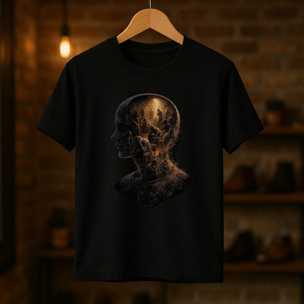 Black surreal graphic T-shirt featuring a human head filled with miniature figures, hanging on a wooden hanger in a warm studio setting
