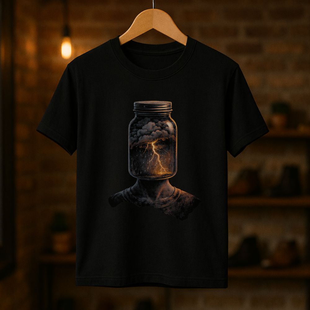 Black T-shirt hanging on a wooden hanger showing a surreal jar-head with lightning inside and the phrase “Full Right Now” in warm studio lighting.