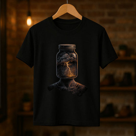 Black T-shirt hanging on a wooden hanger showing a surreal jar-head with lightning inside and the phrase “Full Right Now” in warm studio lighting.