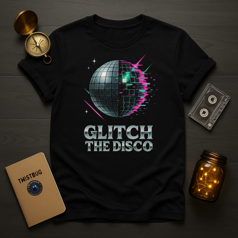 Flat lay of Glitch the Disco graphic tee by Twistbug — synthwave disco ball and pixel glitch design.