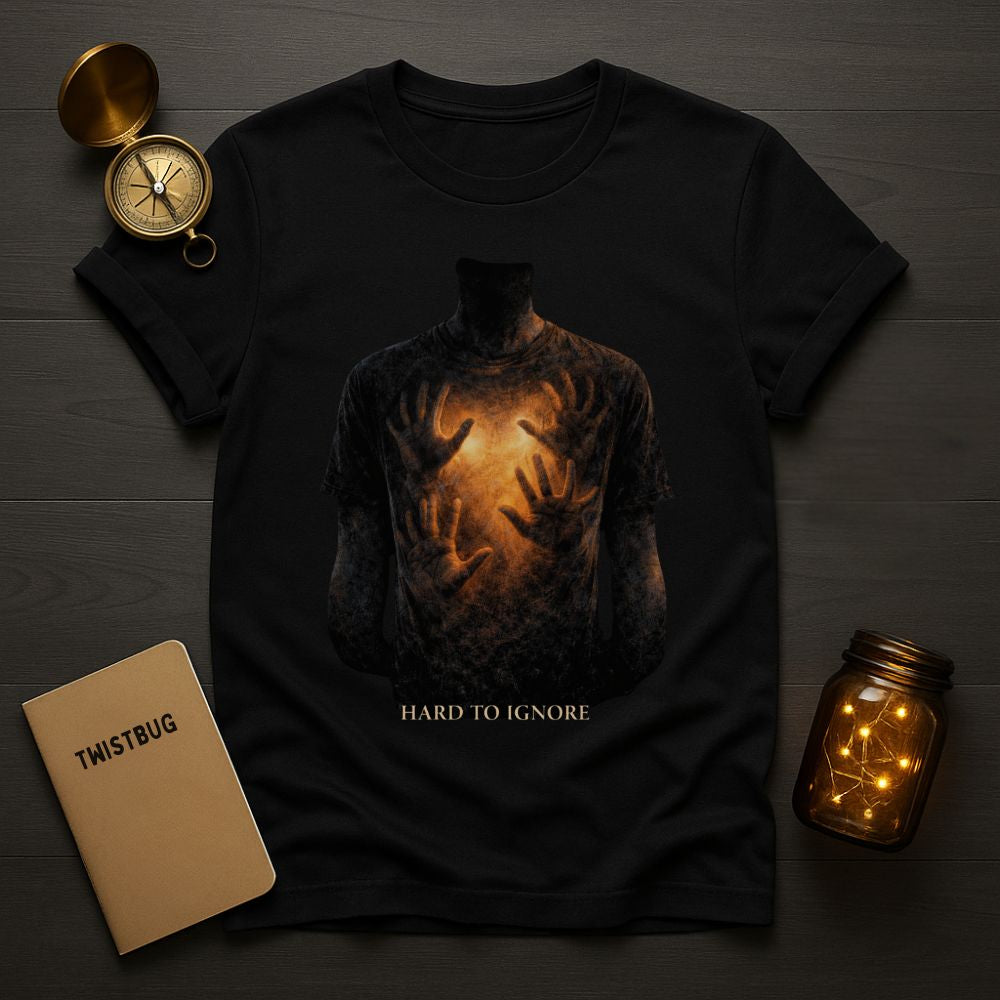 Black graphic T-shirt featuring a glowing chest with shadowy hands pressing outward and the text “Hard to Ignore,” displayed on a dark wood flat-lay with a compass and notebook.