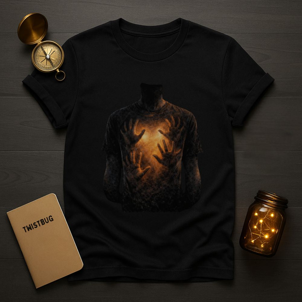 Black graphic T-shirt featuring a glowing chest with shadowy hands pressing outward and the text “Hard to Ignore,” displayed on a dark wood flat-lay with a compass and notebook.