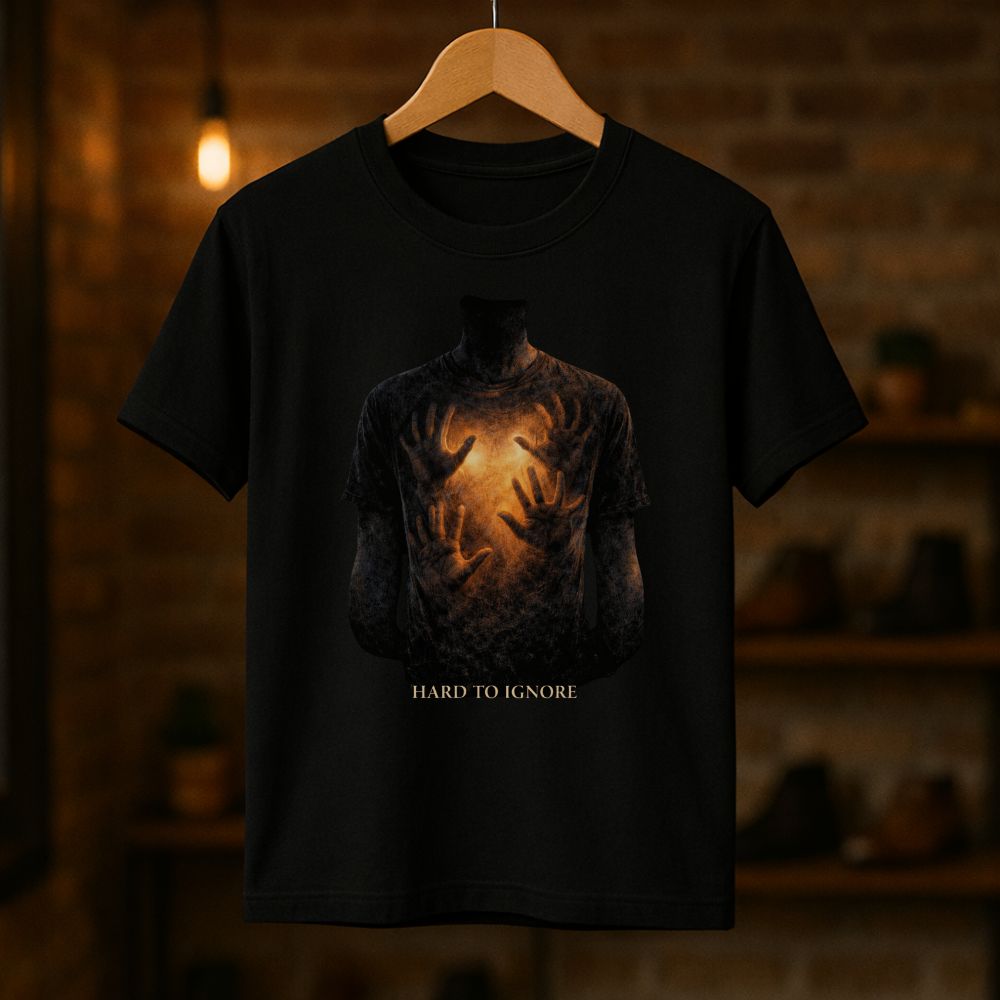 Black “Hard to Ignore” graphic T-shirt hanging on a wooden hanger in warm studio lighting, showing a glowing heart with hands reaching outward from the chest.