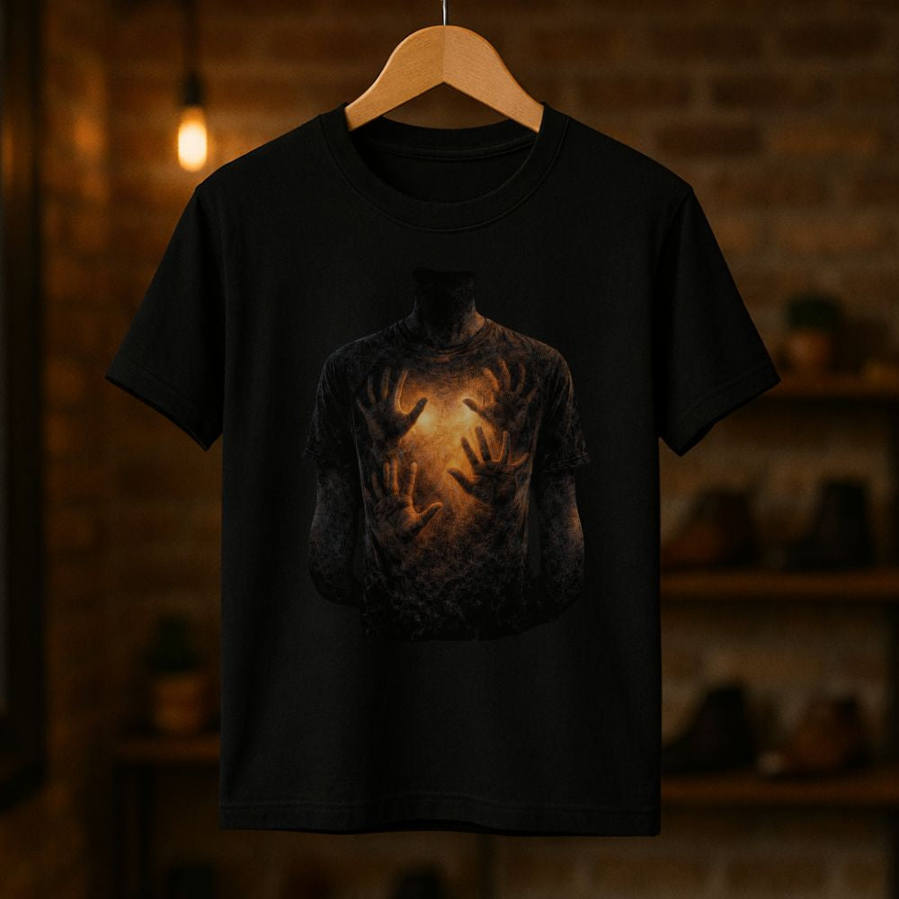 Black “Hard to Ignore” graphic T-shirt hanging on a wooden hanger in warm studio lighting, showing a glowing heart with hands reaching outward from the chest.