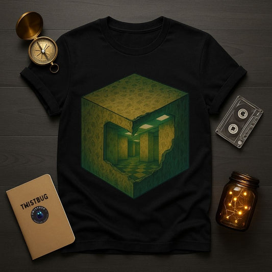 Black Twistbug graphic T-shirt featuring a surreal glowing cube with an endless hallway inside, flat lay with vintage props