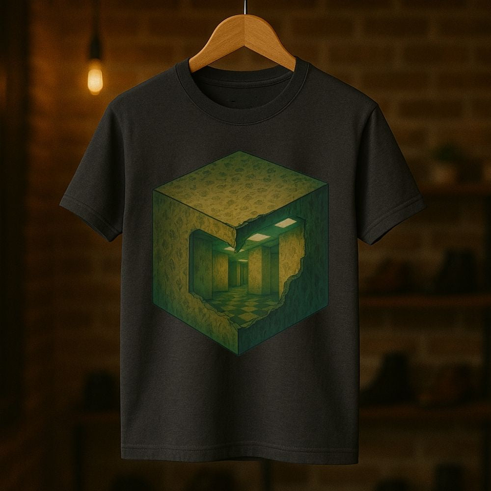Charcoal gray Twistbug T-shirt on a hanger displaying a glowing cube and infinite hallway sci-fi artwork