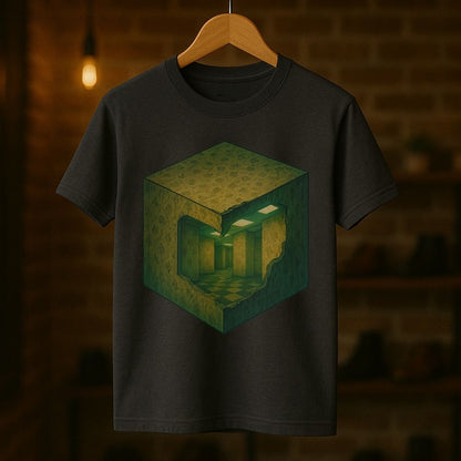 Charcoal gray Twistbug T-shirt on a hanger displaying a glowing cube and infinite hallway sci-fi artwork
