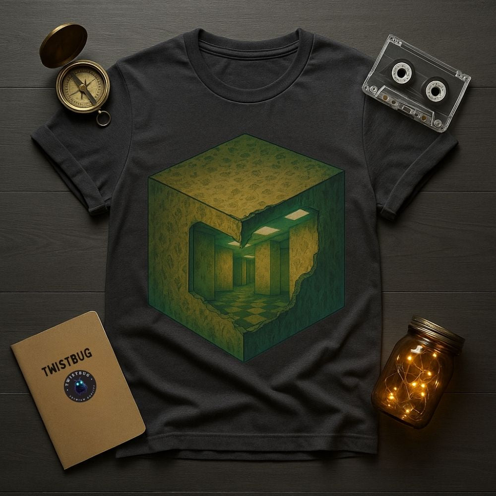 Dark gray Twistbug T-shirt with a glowing cube and infinite corridor illustration, laid flat with cassette and compass