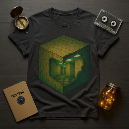 Dark gray Twistbug T-shirt with a glowing cube and infinite corridor illustration, laid flat with cassette and compass