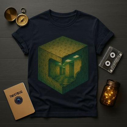 Navy blue Twistbug graphic T-shirt showing a surreal cube with an endless hallway inside, flat lay product photo