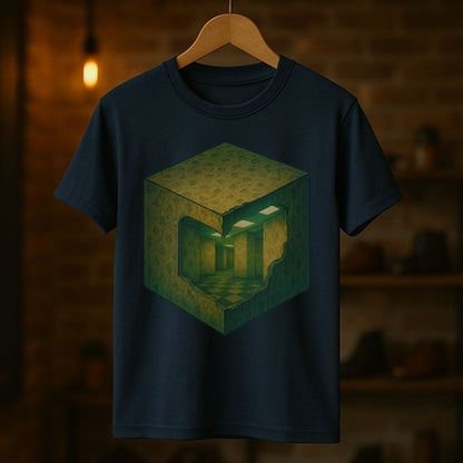 Navy Twistbug graphic T-shirt hanging in a warm studio, featuring a surreal cube with an endless corridor inside