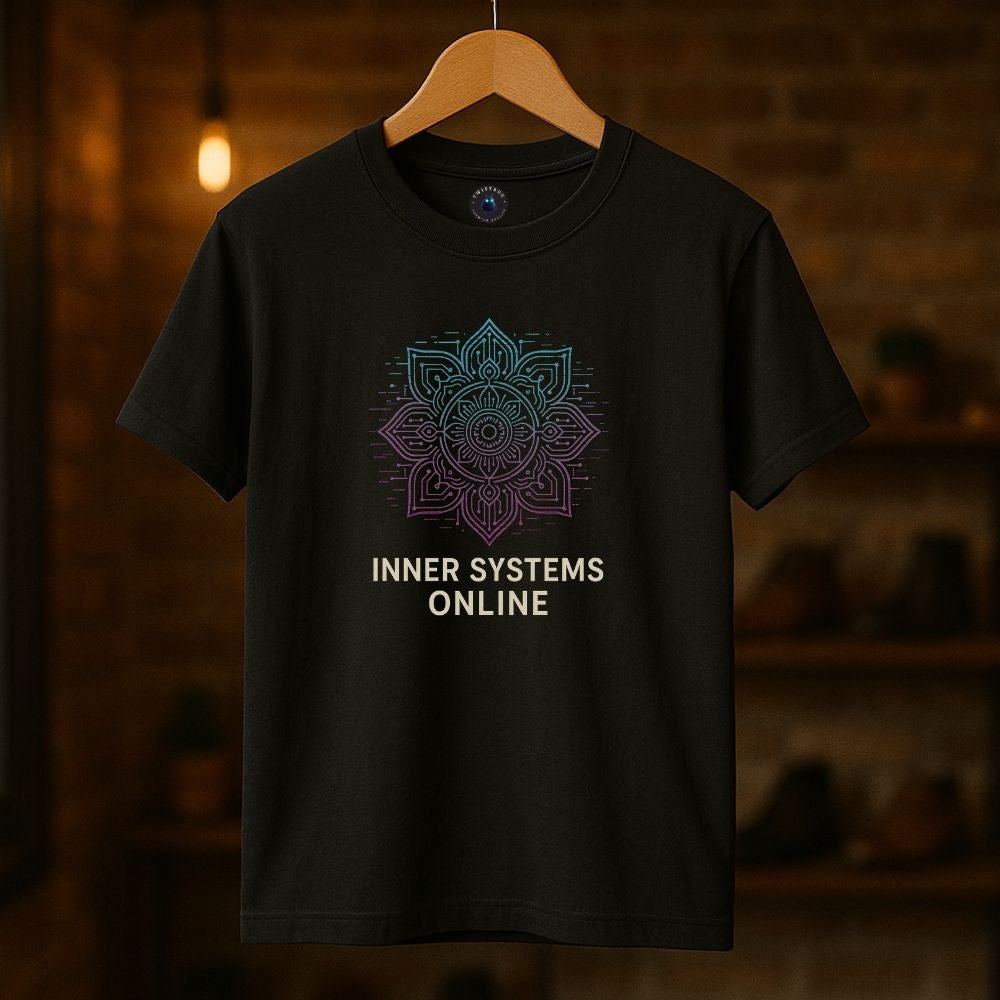 Black Twistbug T-shirt on hanger with digital mandala and “Inner Systems Online” text, minimal boutique setting.