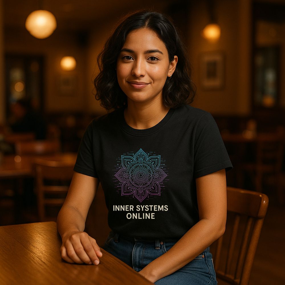 Woman sitting in a warm-lit café wearing “Inner Systems Online” T-shirt featuring digital mandala pattern and text, relaxed expression.