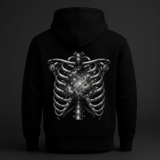 Back view of black hoodie featuring an anatomical ribcage opening into a cosmic galaxy, dark symbolic streetwear design