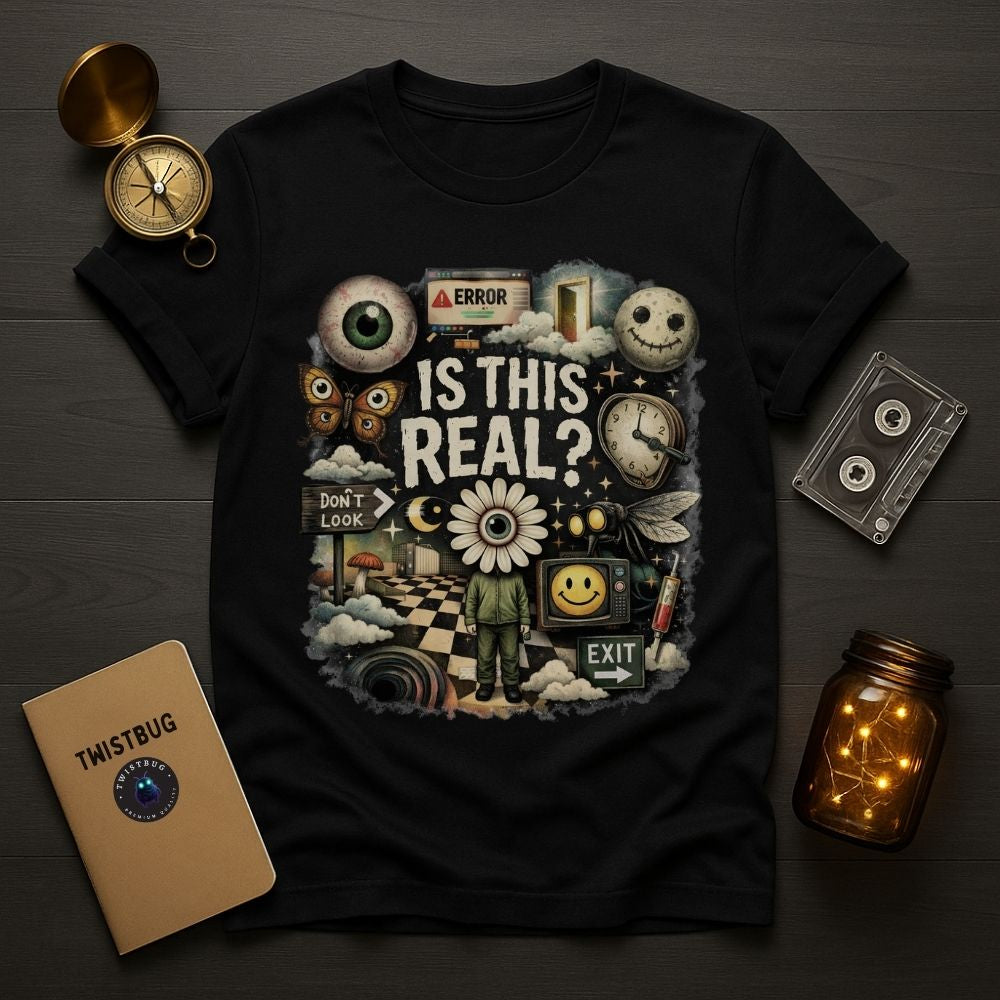 Black graphic T-shirt with surreal collage artwork reading “Is This Real?” featuring dreamlike symbols, checkerboard floor, eyes, clocks, and glitch elements, flatlay mockup.