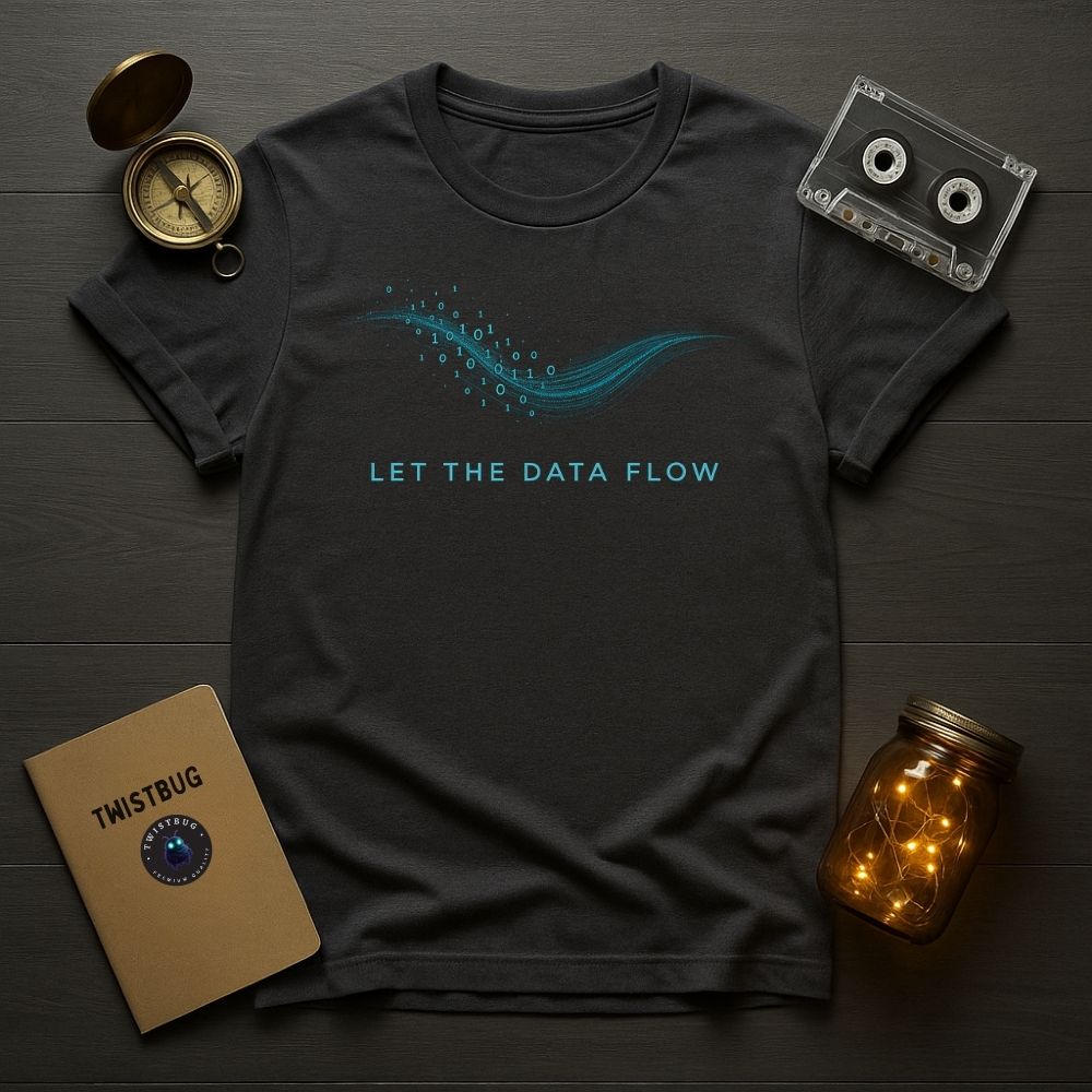 Charcoal tee — Flat lay of charcoal T-shirt with cyan binary wave and text “LET THE DATA FLOW,” styled with cassette, compass, Twistbug notebook, and warm jar lights on dark wood.