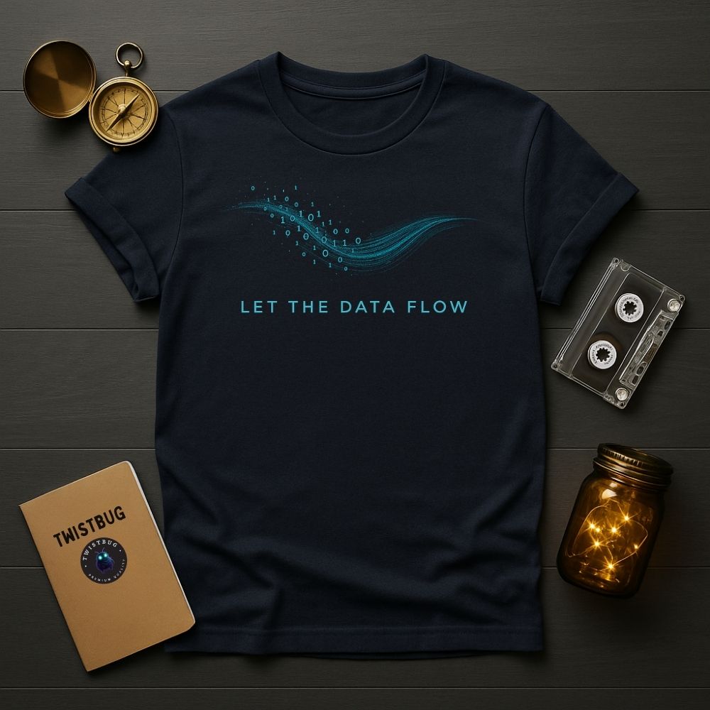 Navy tee — Flat lay of navy T-shirt featuring cyan binary wave and text “LET THE DATA FLOW,” surrounded by cassette, brass compass, Twistbug notebook, and glowing jar lights.