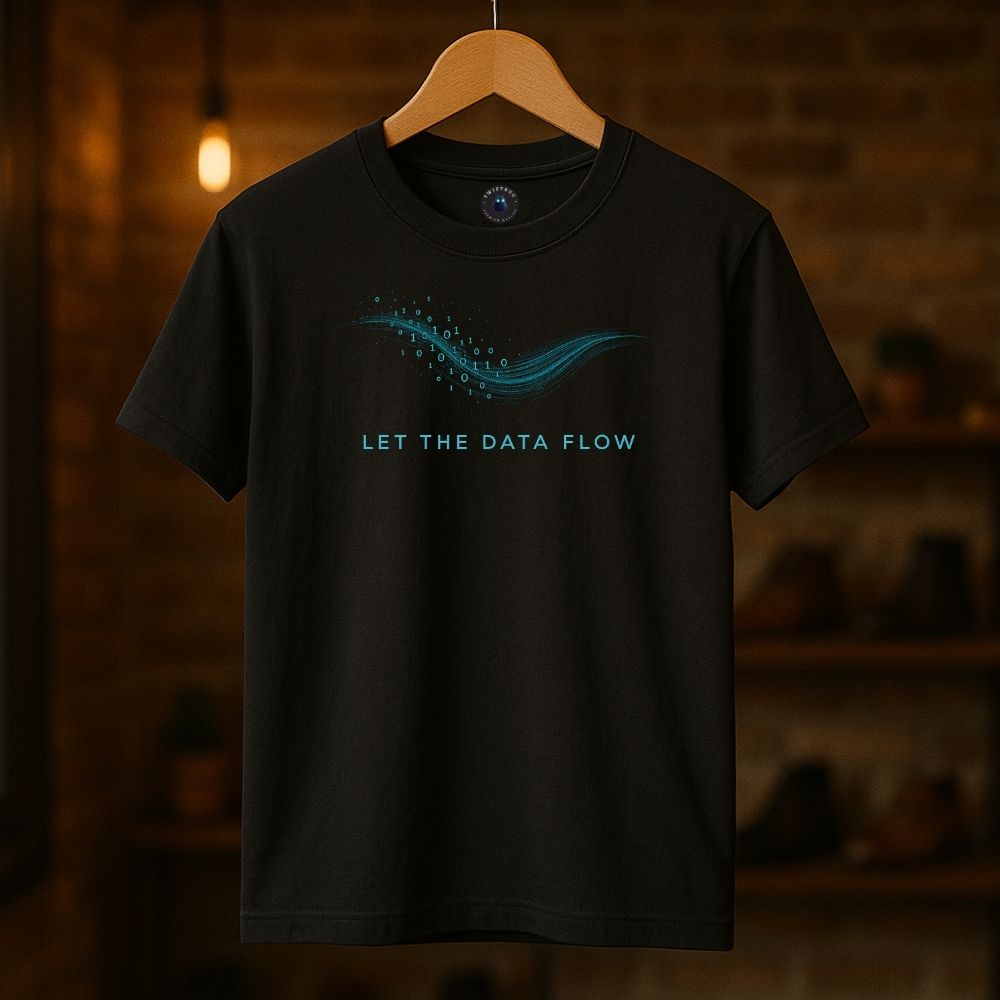 Black Twistbug T-shirt on hanger featuring minimalist binary wave design and “Let the Data Flow” text, warm boutique lighting.