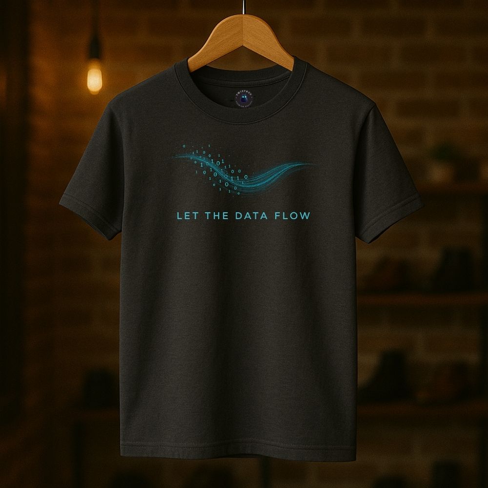 Charcoal Twistbug T-shirt on hanger displaying blue binary wave art and “Let the Data Flow” print, ambient shop lighting.