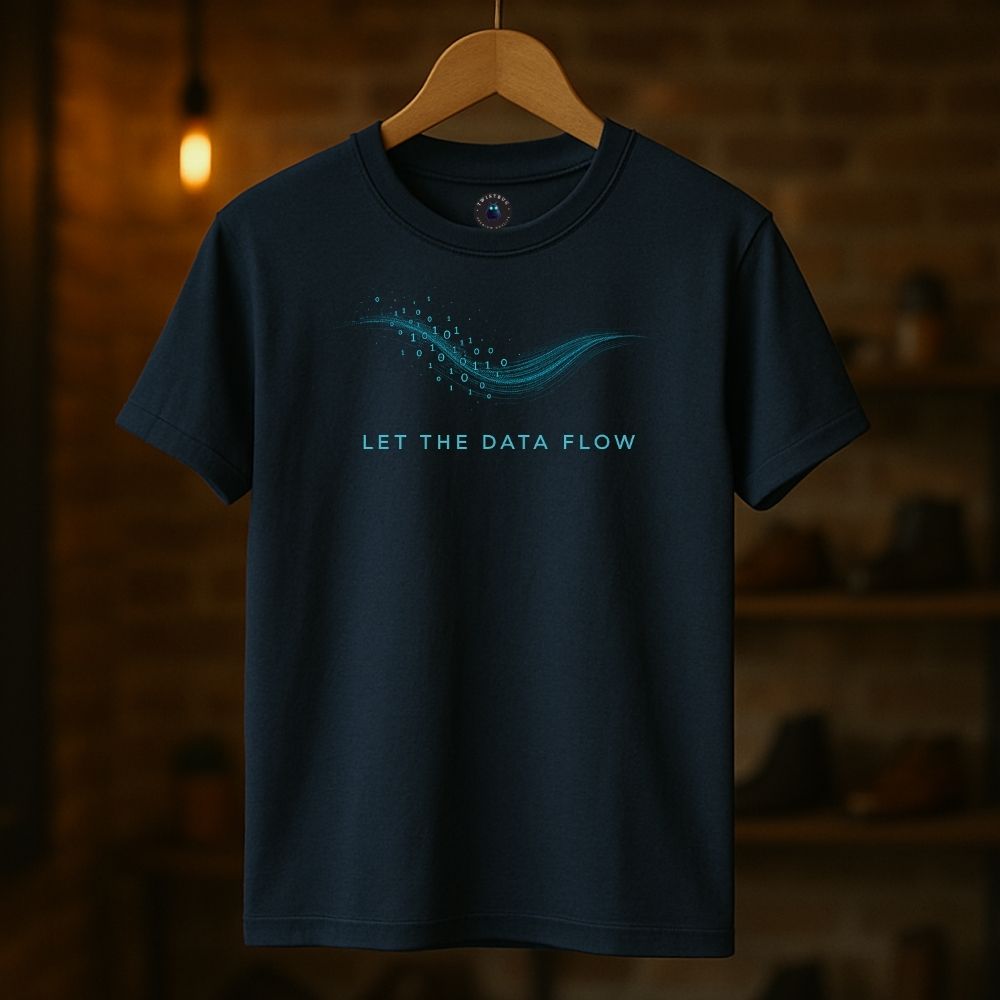 Navy T-shirt on hanger with sleek blue binary wave graphic and “Let the Data Flow” typography, soft boutique setting.