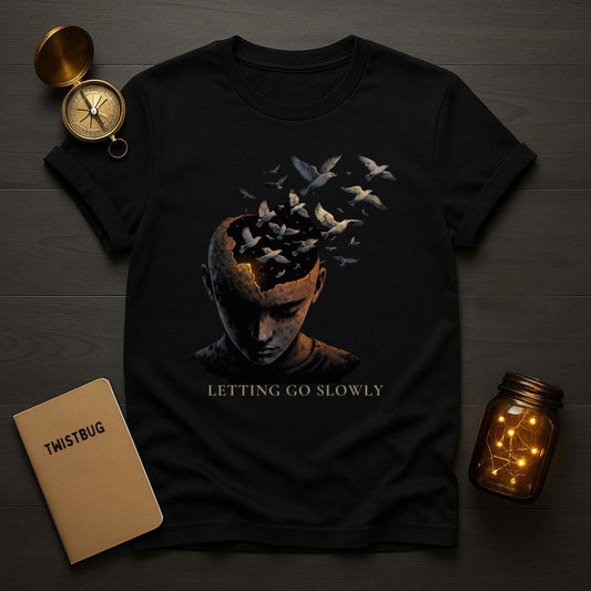 Black graphic T-shirt with a cracked human head releasing white birds and the phrase “Letting Go Slowly,” flat lay on a dark wooden desk with compass and notebook