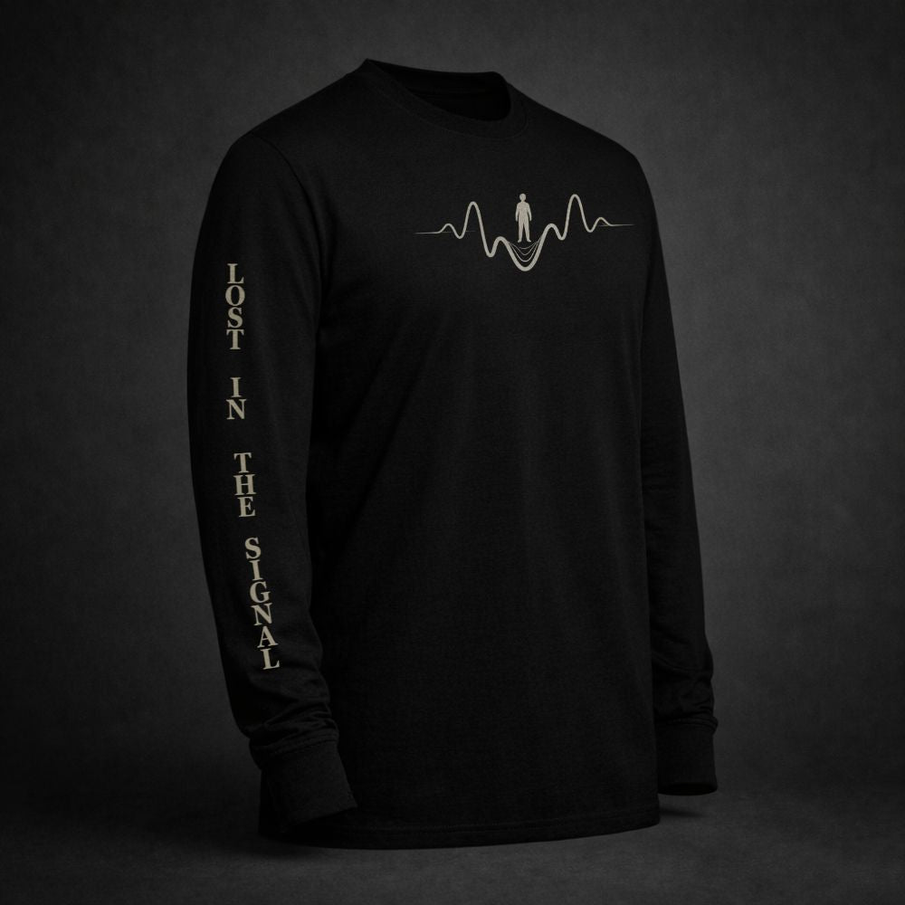Black long sleeve t-shirt with minimal heartbeat waveform and small human silhouette on the chest and “Lost in the Signal” printed down the sleeve