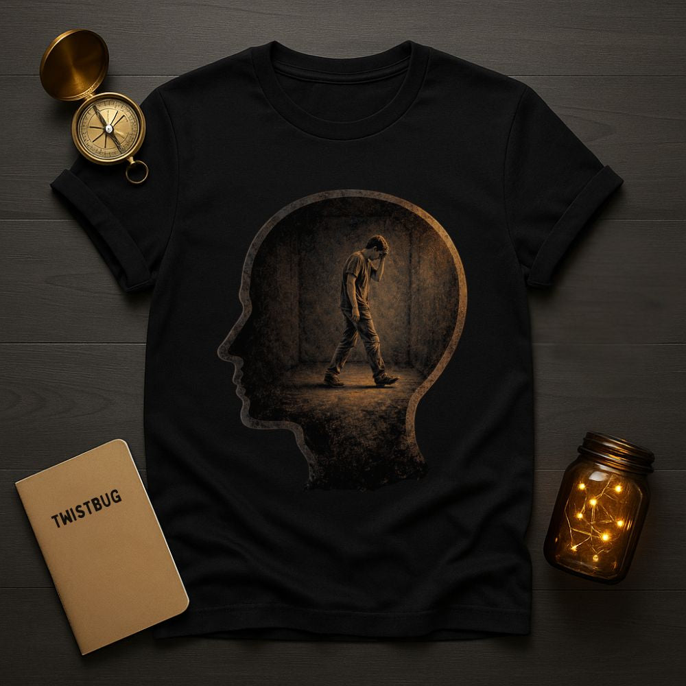 Black graphic t-shirt featuring a surreal head silhouette with a lone figure walking inside and the phrase ‘Management Is Confused’, styled in a moody flat-lay scene