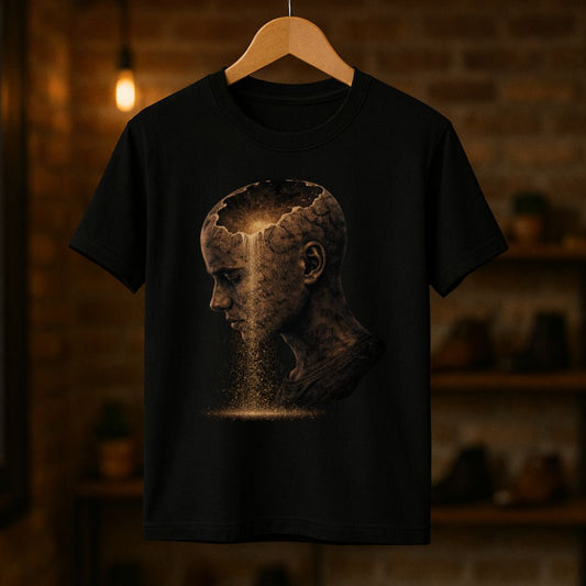 Black graphic t-shirt hanging on a wooden hanger featuring a surreal cracked human head with light and dust flowing out, representing healing and self-reflection.