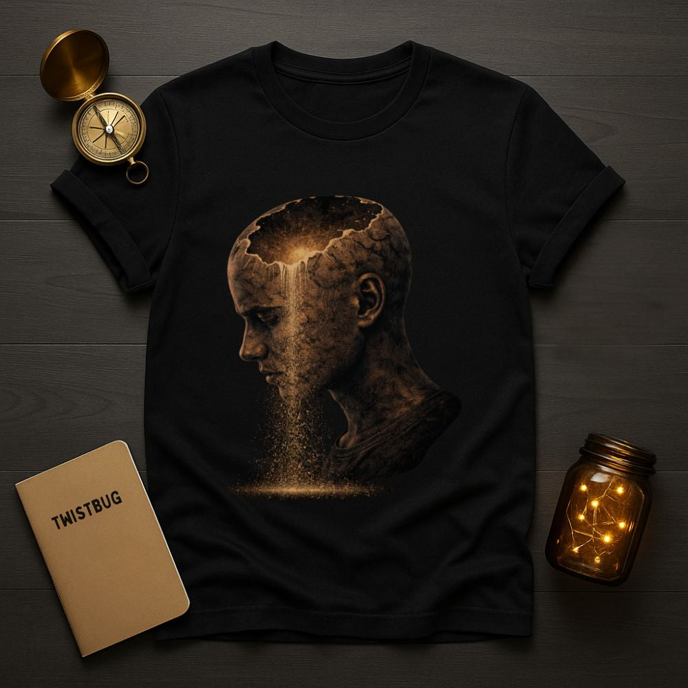 Black t-shirt with surreal cracked head illustration, glowing light pouring out and golden dust falling, symbolizing emotional release and inner thoughts.