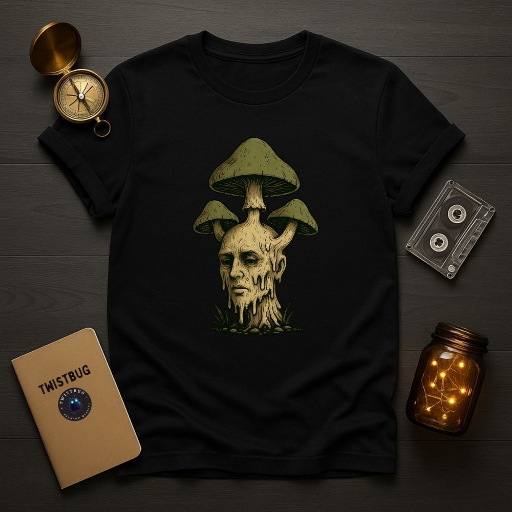 Black T-shirt featuring surreal mushroom head design, depicting a melting human face sprouting green mushrooms, flat lay on dark wood background.