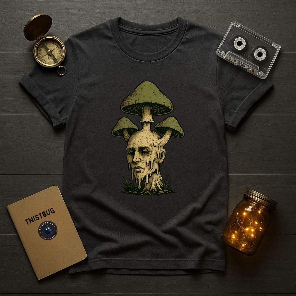 Dark gray T-shirt showing surreal mushroom head design, weirdcore forest aesthetic with nature rebirth symbolism.