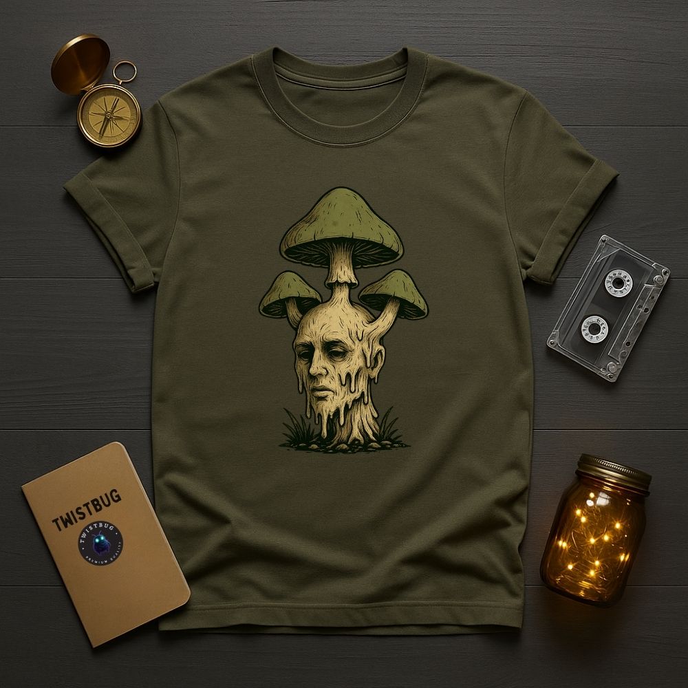 Military green T-shirt with surreal human-mushroom hybrid art, earthy tones and dreamlike nature design.