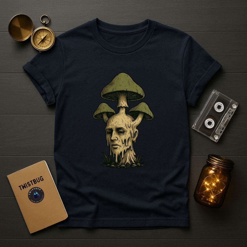 Navy blue surreal mushroom head T-shirt, detailed weirdcore art merging humanity and nature.