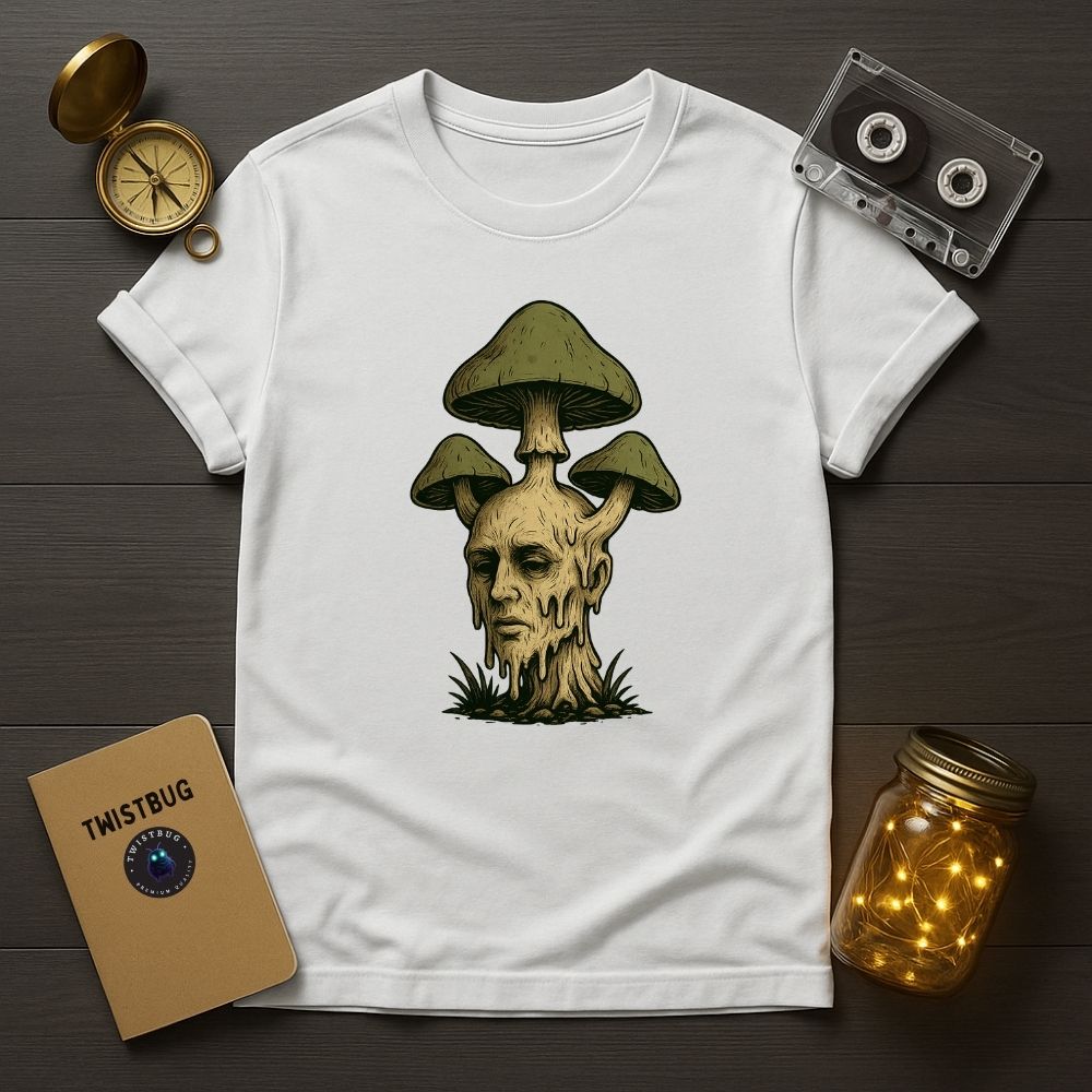 White T-shirt with surreal mushroom-human hybrid design, detailed weirdcore art symbolizing rebirth and decay.