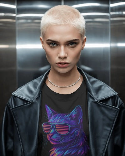 Woman with platinum buzzcut in a leather jacket wearing a Twistbug black t-shirt featuring a neon cyber cat with retro sunglasses, inside a metallic elevator