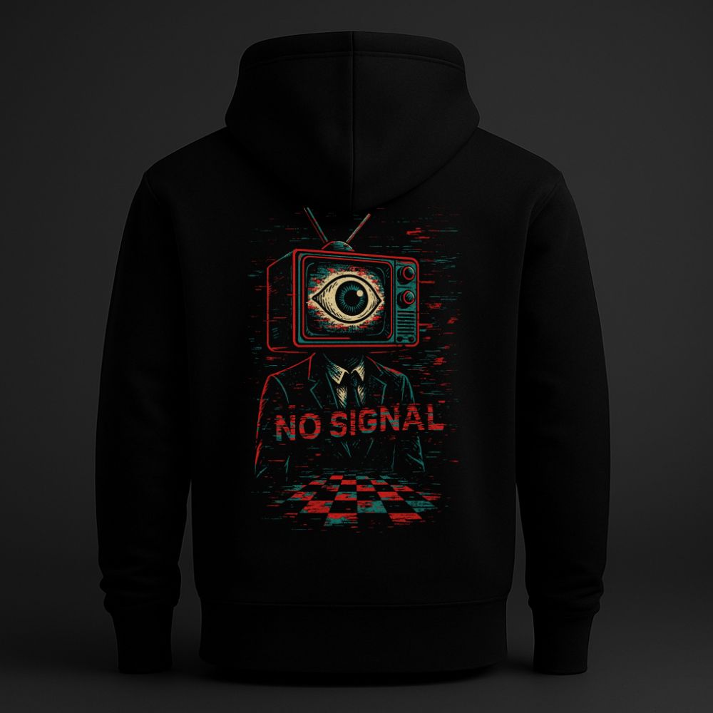 NO SIGNAL retro TV head glitch hoodie — back print on black heavyweight hoodie
