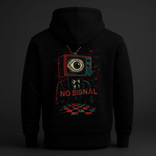 NO SIGNAL retro TV head glitch hoodie — back print on black heavyweight hoodie