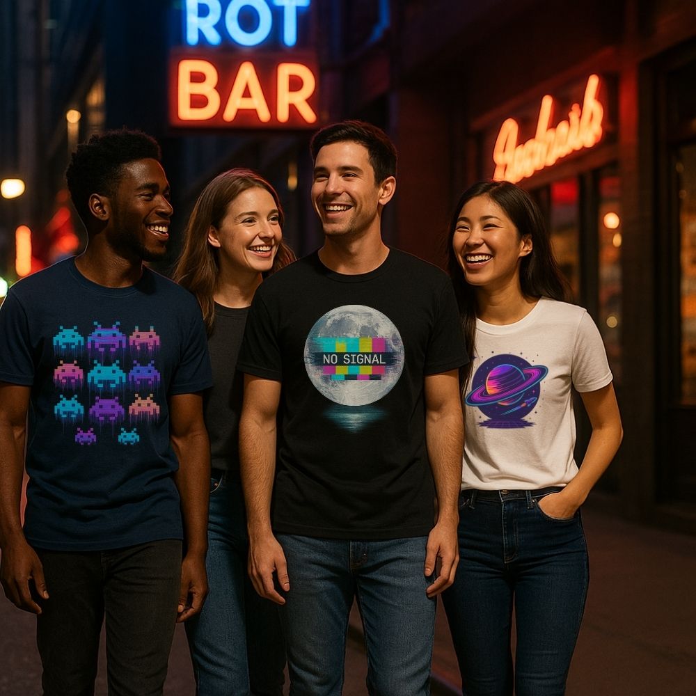 Group of friends wearing Twistbug graphic t-shirts at night under neon lights, man in center wearing black ‘No Signal’ moon design tee.