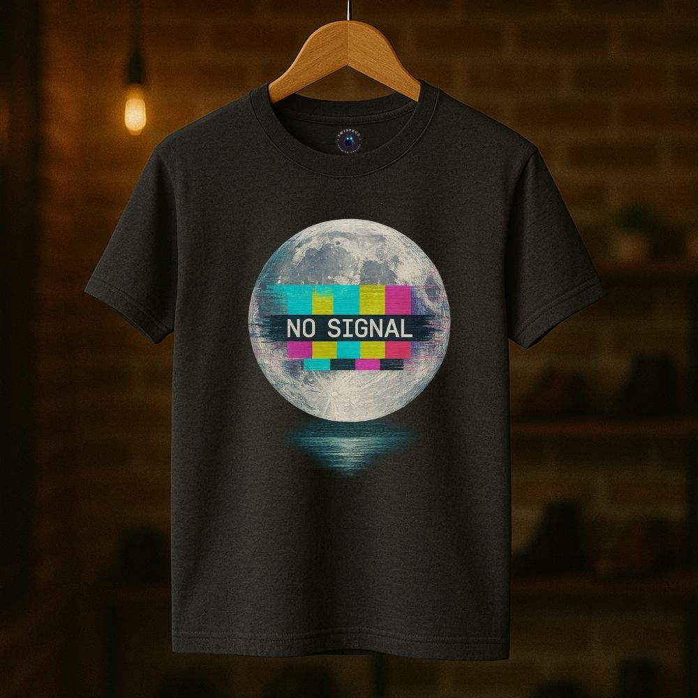 Charcoal Twistbug t-shirt on hanger showing moon graphic with test color bars and ‘No Signal’ label, boutique interior