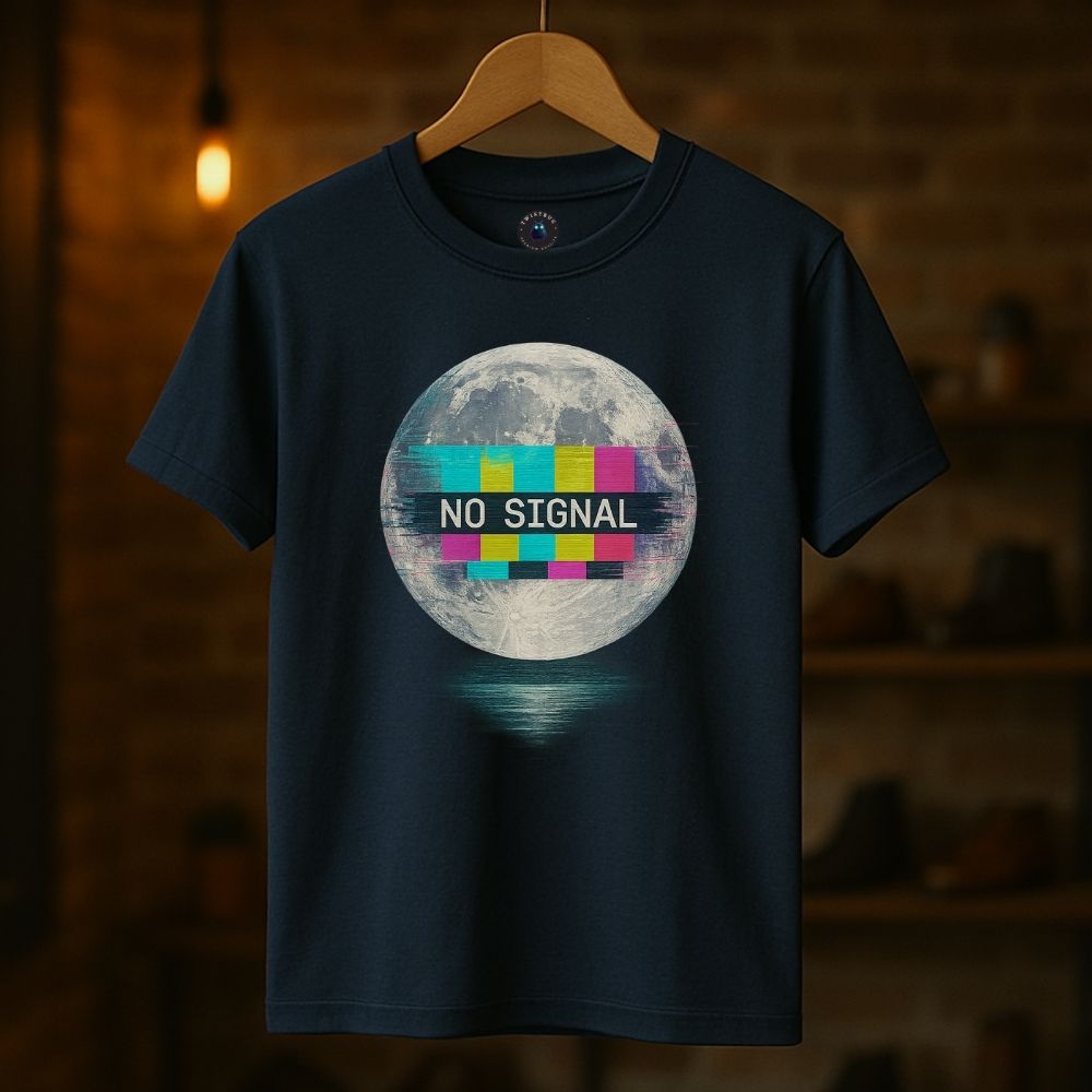 Navy Twistbug t-shirt on hanger showing moon with glitch color bars and ‘No Signal’ text, warm studio lighting.
