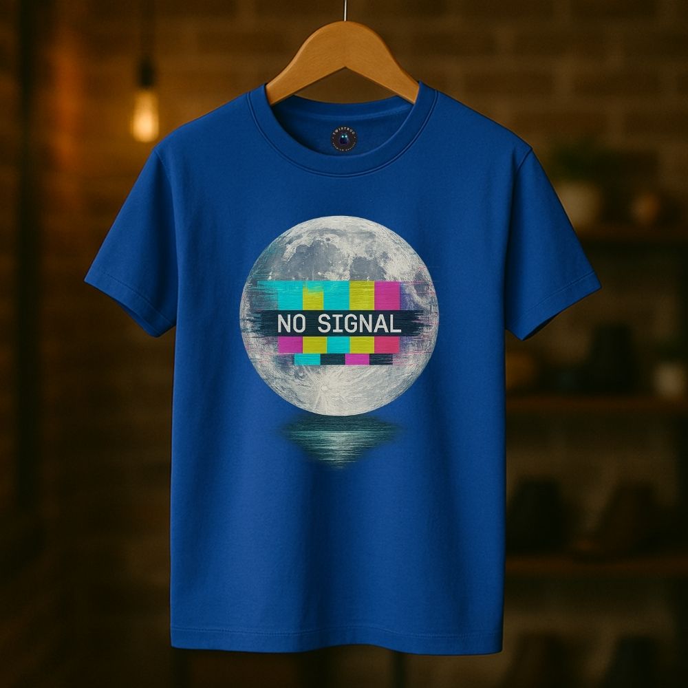 Royal blue Twistbug t-shirt on hanger with glowing moon and colorful ‘No Signal’ glitch overlay, stylish boutique background