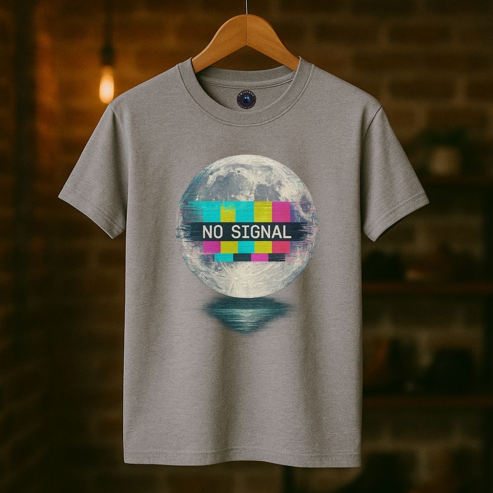 Sport gray Twistbug t-shirt on hanger featuring a moon with colorful glitch screen and ‘No Signal’ wording, boutique environment